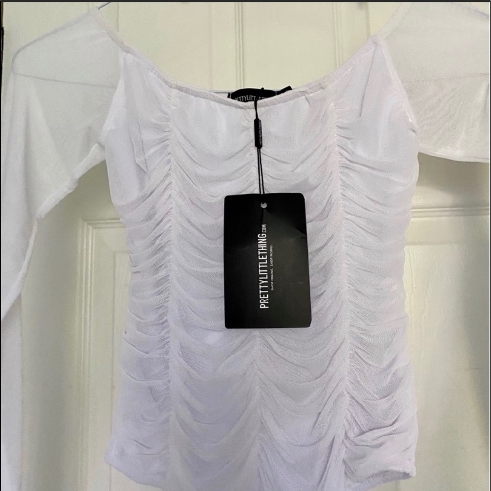 White mesh ruched panel bardot bodysuit